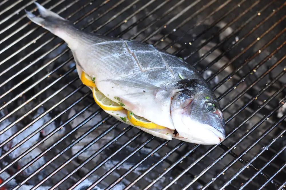 Gegrillte Dorade mit Zitronen-Kräutermarinade 1 Die gegrillte Dorade wird mit Zitrone und Kräutern gefüllt