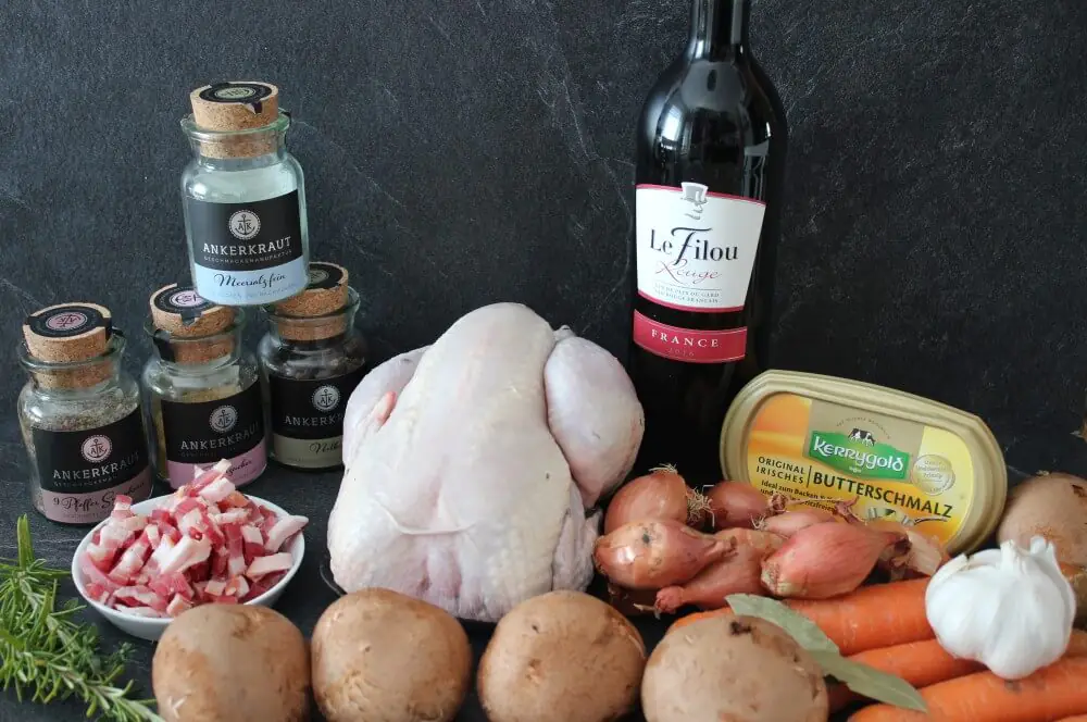 Alle Zutaten für Coq au Vin auf einen Blick