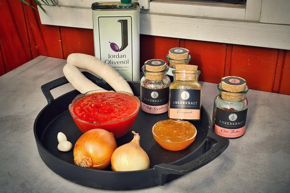 Currywurst Rezept - Currywurst selber machen 1 Alle Zutaten für unser Currywurst Rezept auf einen Blick