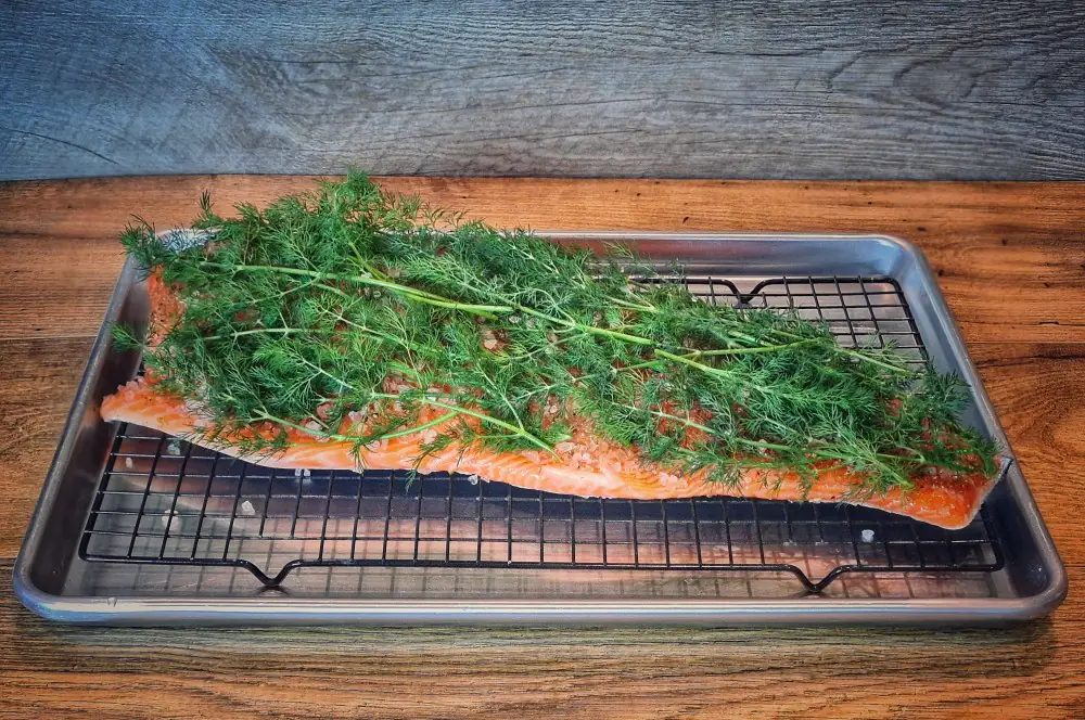 Graved Lachs - gebeizten Lachs selber machen 3 Der Lachs wird auf ein Backblech mit Gitter gelegt