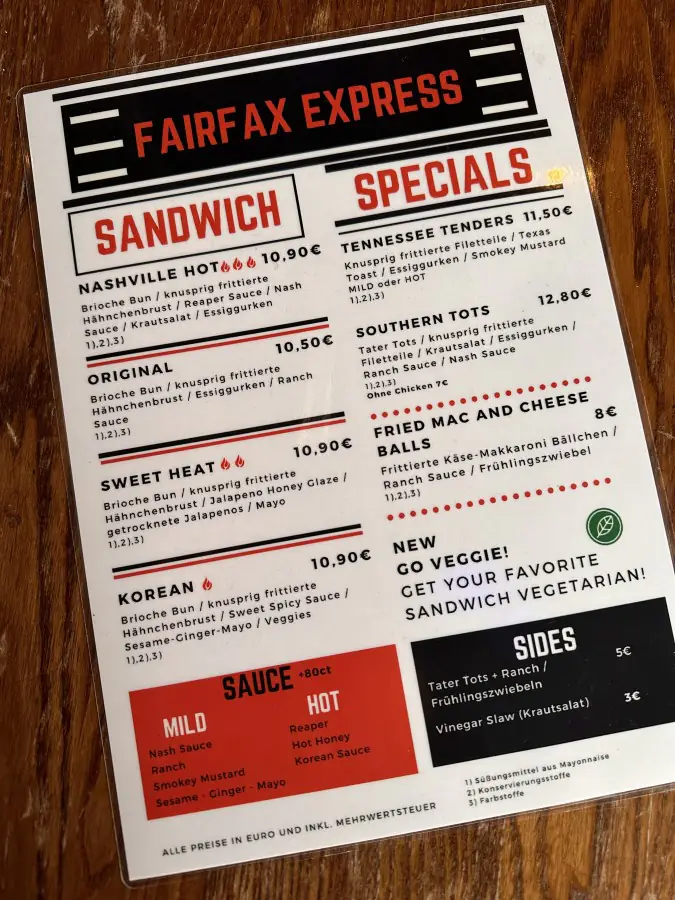 Fairfax Express in München im Test - Nashville Hot Chicken Sandwich 2 Die Speisekarte bei Fairfax Express in München