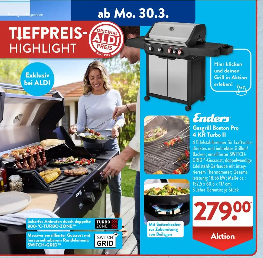 Der Enders Boston Pro 4 KR Turbo II Gasgrill ist ab 30.03.2026 für 279€ zu haben